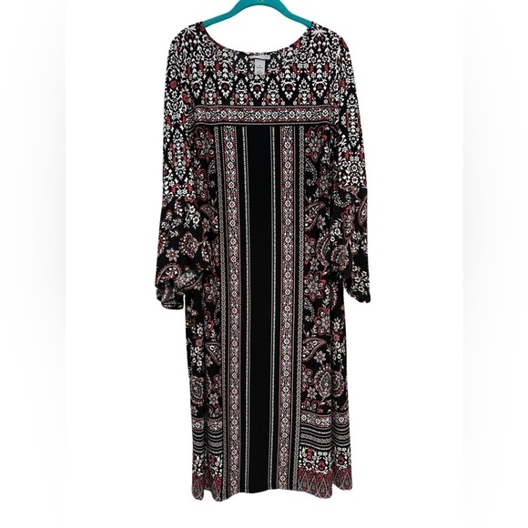 Catherines 3/4 Wide Sleeve Black w Geometric Patterns Red & White Sz 1X 18/20W - Picture 1 of 10